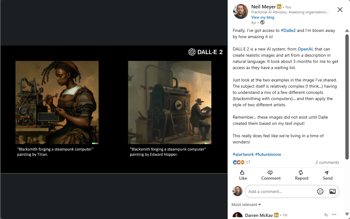 Neil Meyer's September 2022 LinkedIn post showing DALL·E 2 interpretations of a blacksmith forging a steampunk computer in the styles of Titian and Edward Hopper